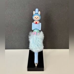 Cute Blue Novelty Beaded Pen with Plush Detail